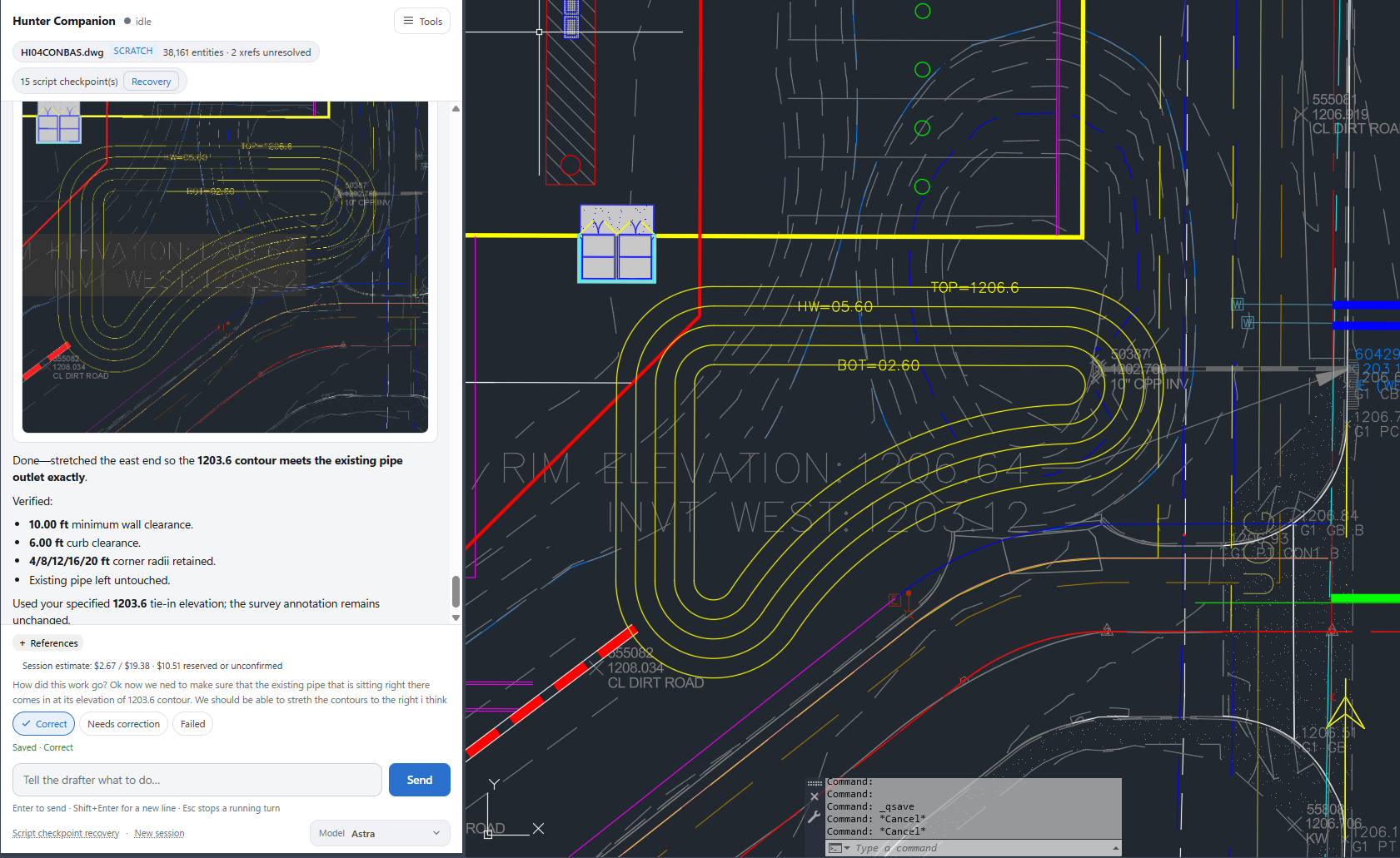 Civil 3D with the Pickbox palette docked left. The palette reports that the east end of a retention basin was stretched so the 1203.6 contour meets the existing pipe outlet, with wall and curb clearances verified. The drawing shows the five reshaped basin contours.